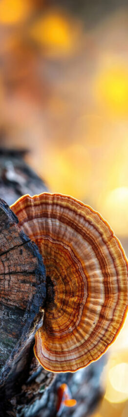 A reishi mushroom on a tree stump.